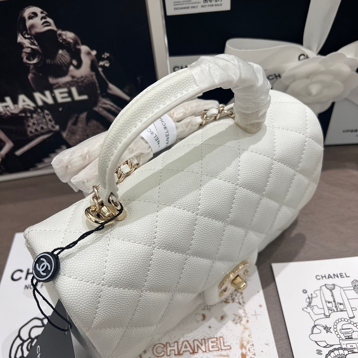 Snow White Calfskin Caviar Handle Flap Bag