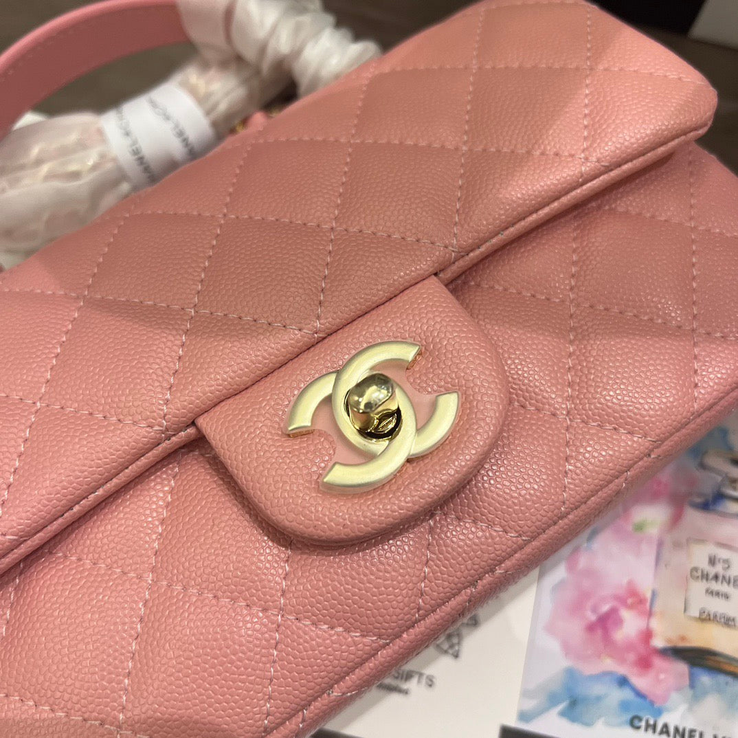 Pink Quilted Leather top Handle Flap bag