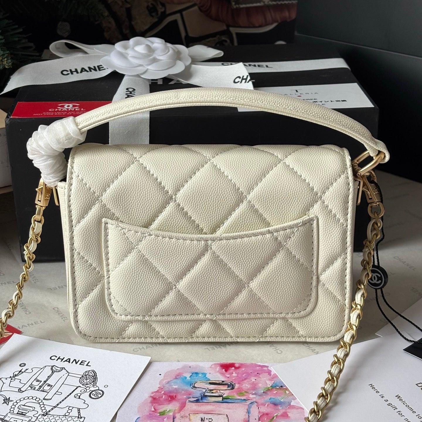 Cream Caviar Calfskin Leather 24K Mini Lovely Pink Cherry