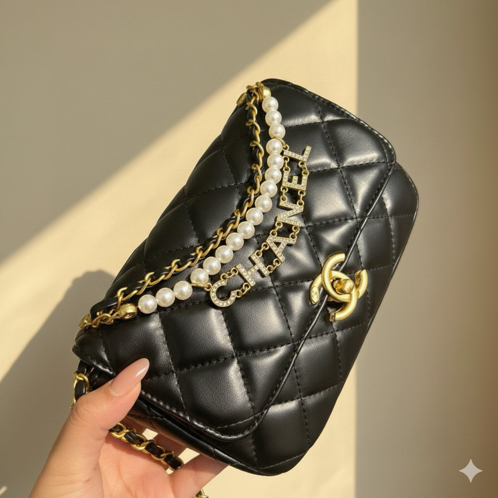 Medium Flap Bag with Pearl Chain