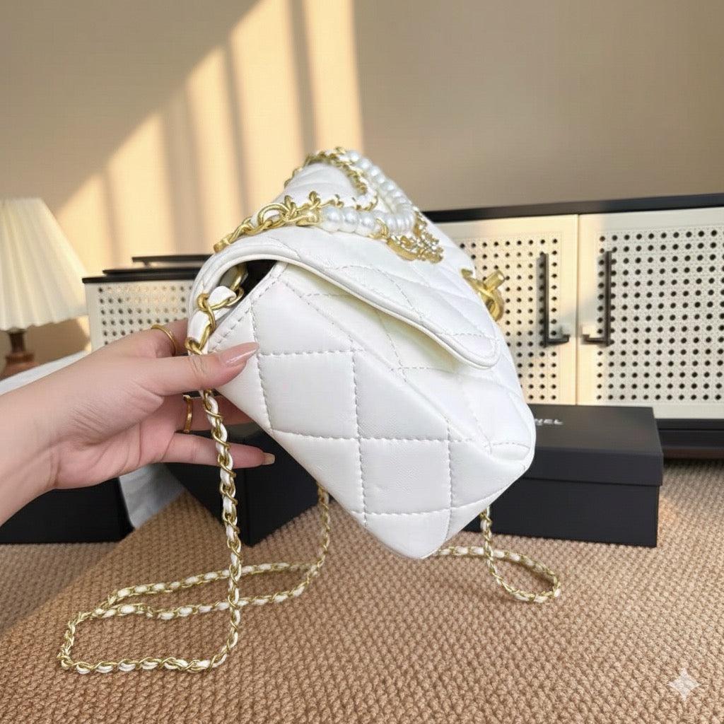Medium Flap Bag with Pearl Chain