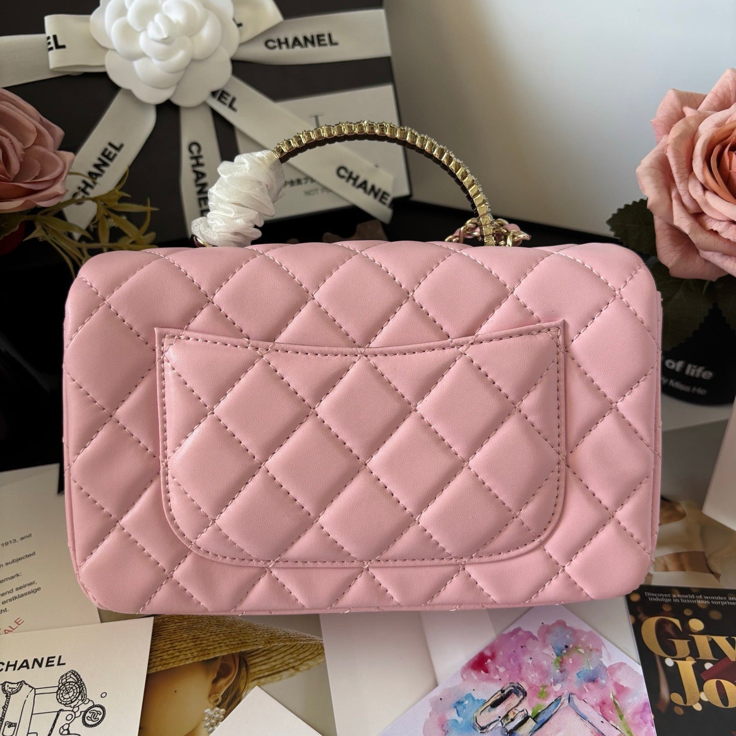 Pink Quilted Leather top Handle Flap bag Lovely Pink Cherry