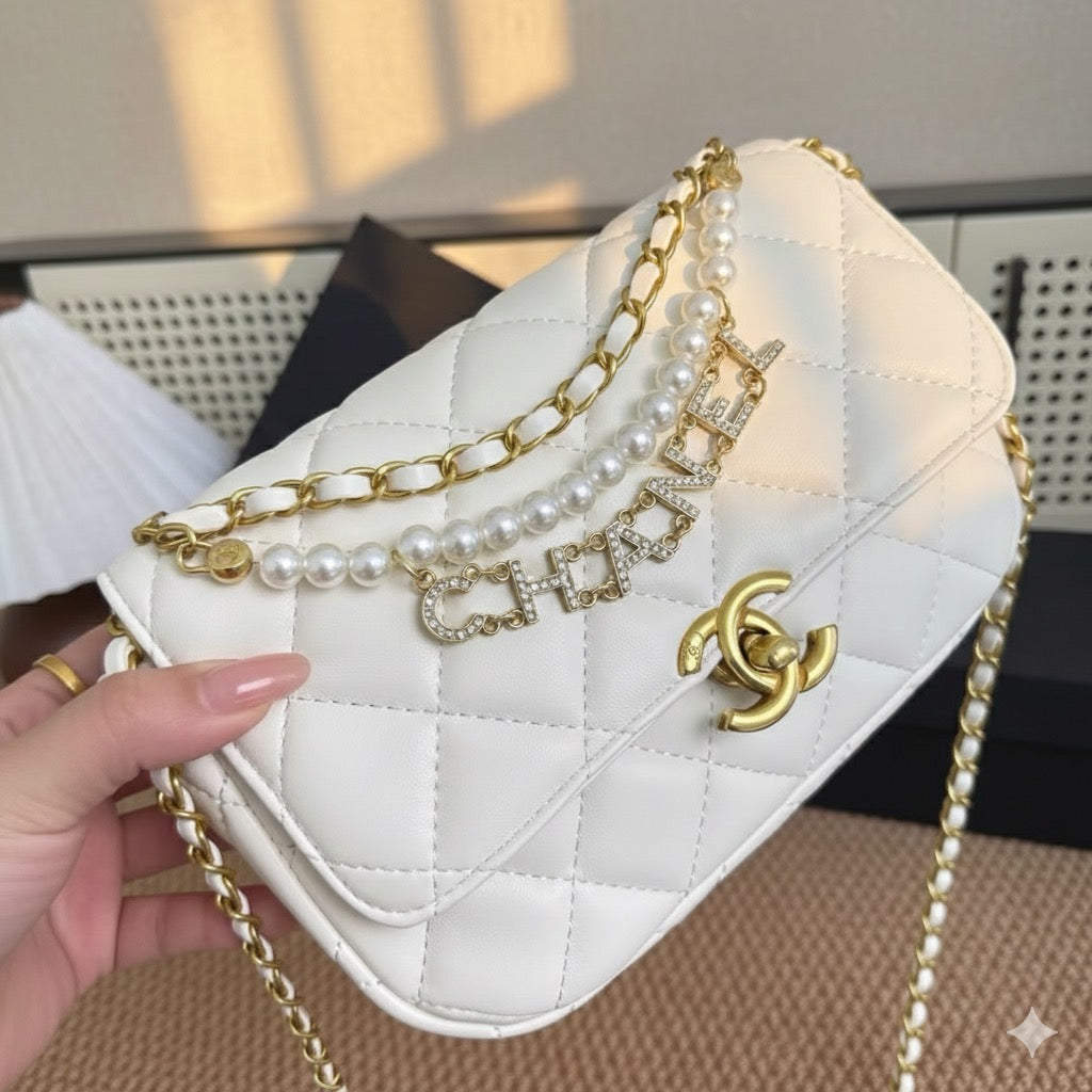 Medium Flap Bag with Pearl Chain