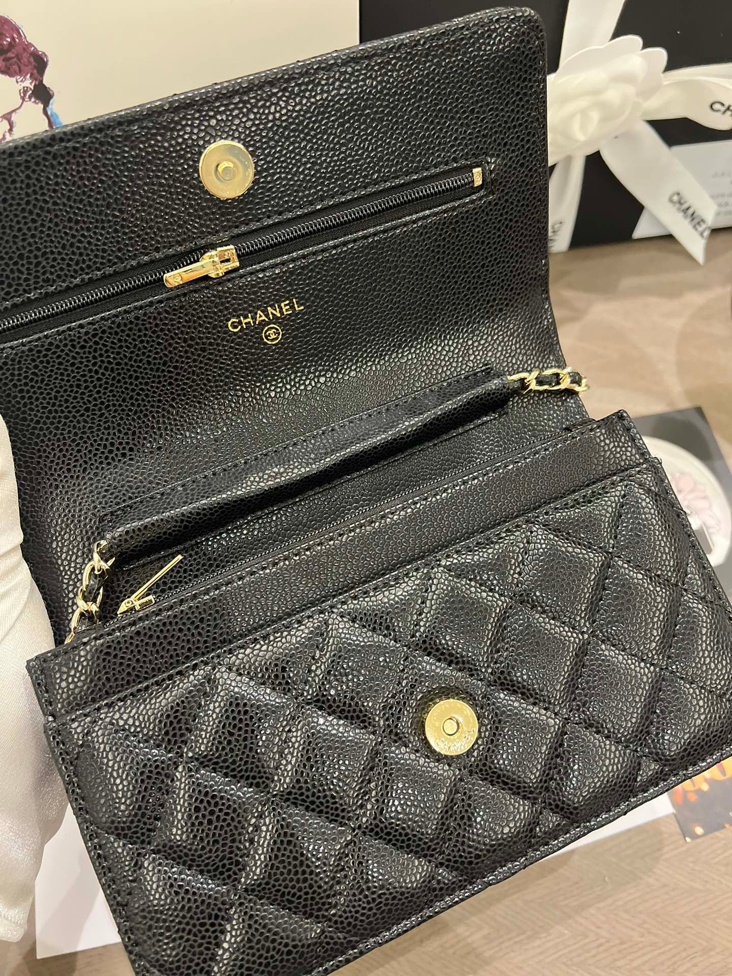 Leather Caviar WOC in Golden Strap