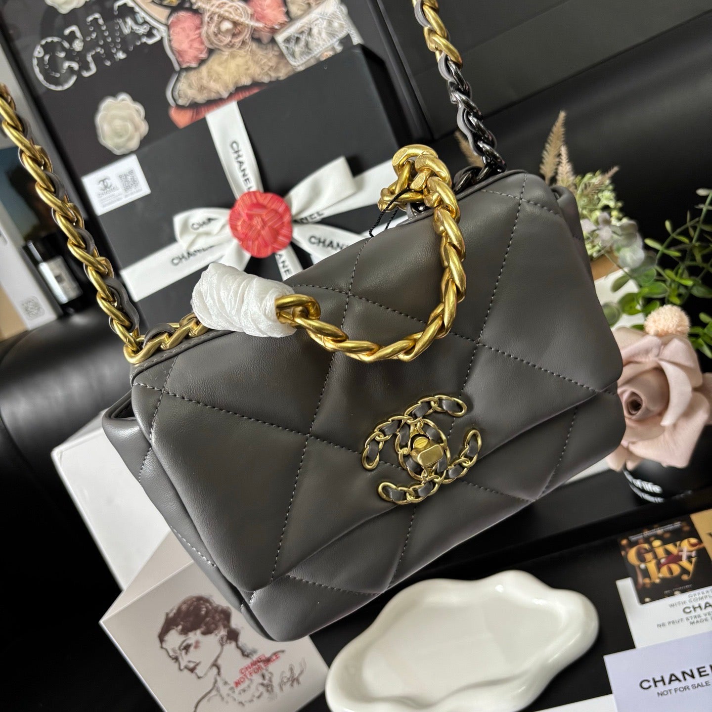 Grey Lambskin 19 Bag 20cm