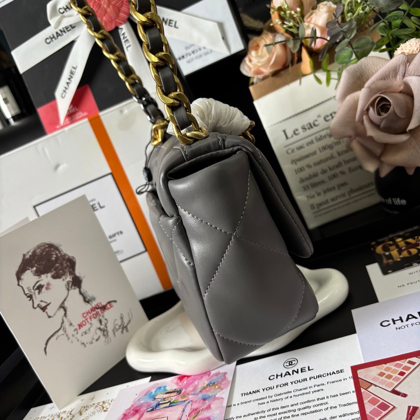 Grey Lambskin 19 Bag 20cm