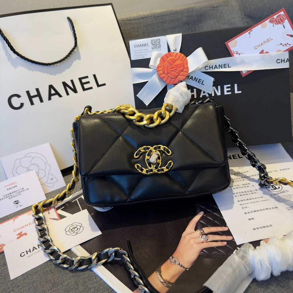 Black 19 bag with lambskin quilted VIP novelty gift bag with gold chain- Chanel Makeup Style