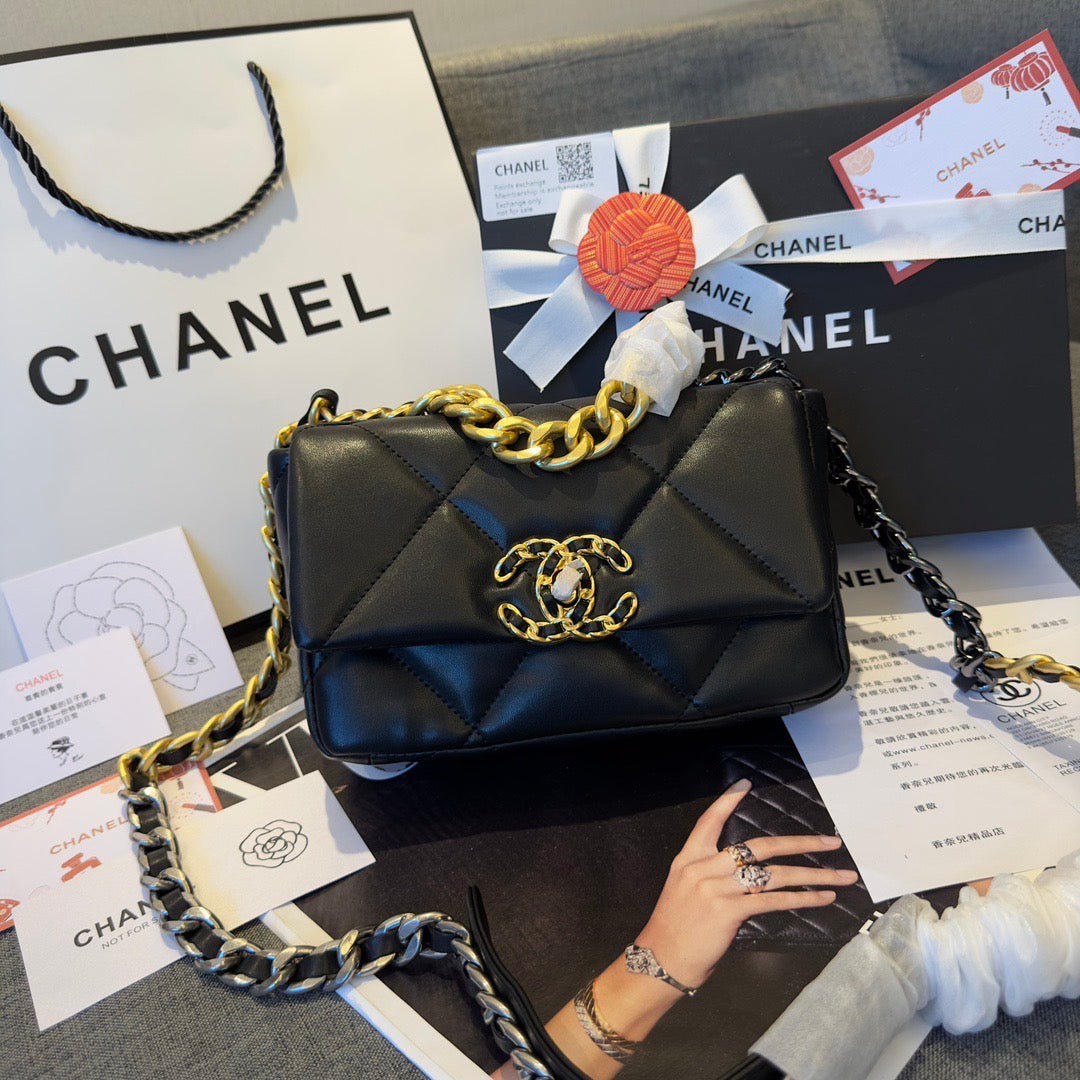Black 19 bag with lambskin quilted VIP novelty gift bag with gold chain- Chanel Makeup Style