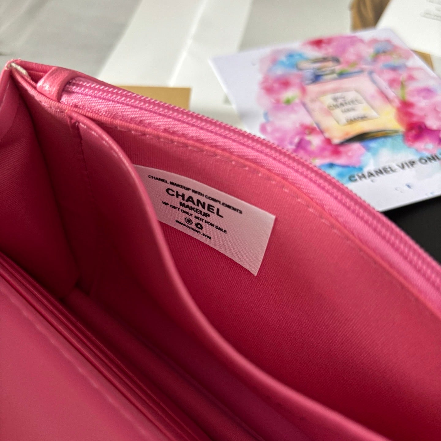 Close-up of Chanel Makeup Gift label.